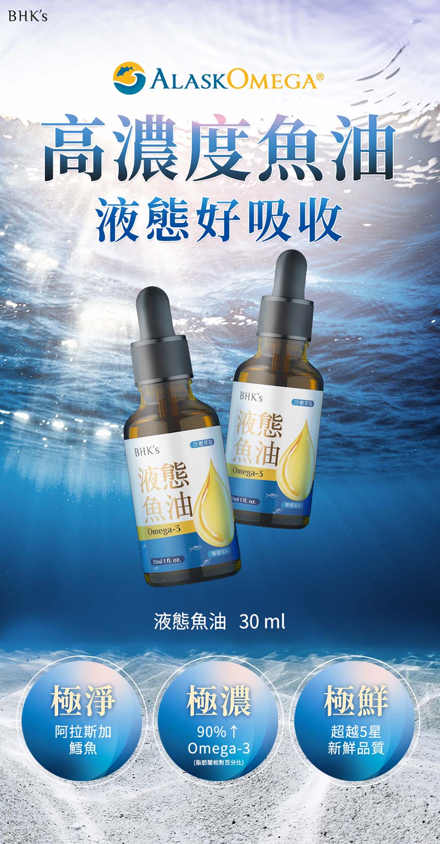 補充魚油推薦BHK's液態魚油滴劑，高濃度好吸收