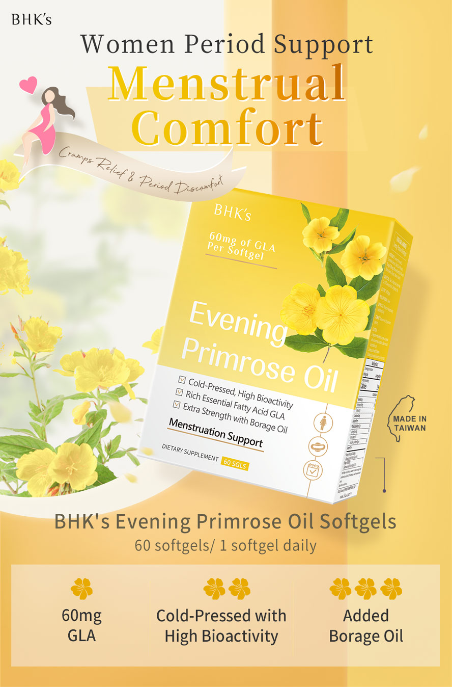 BHK's Evening Primrose Oil contains 60mg GLA & extra added with borage oil to relieve period pain, soothe PMS, and regulate hormonal imbalances.
