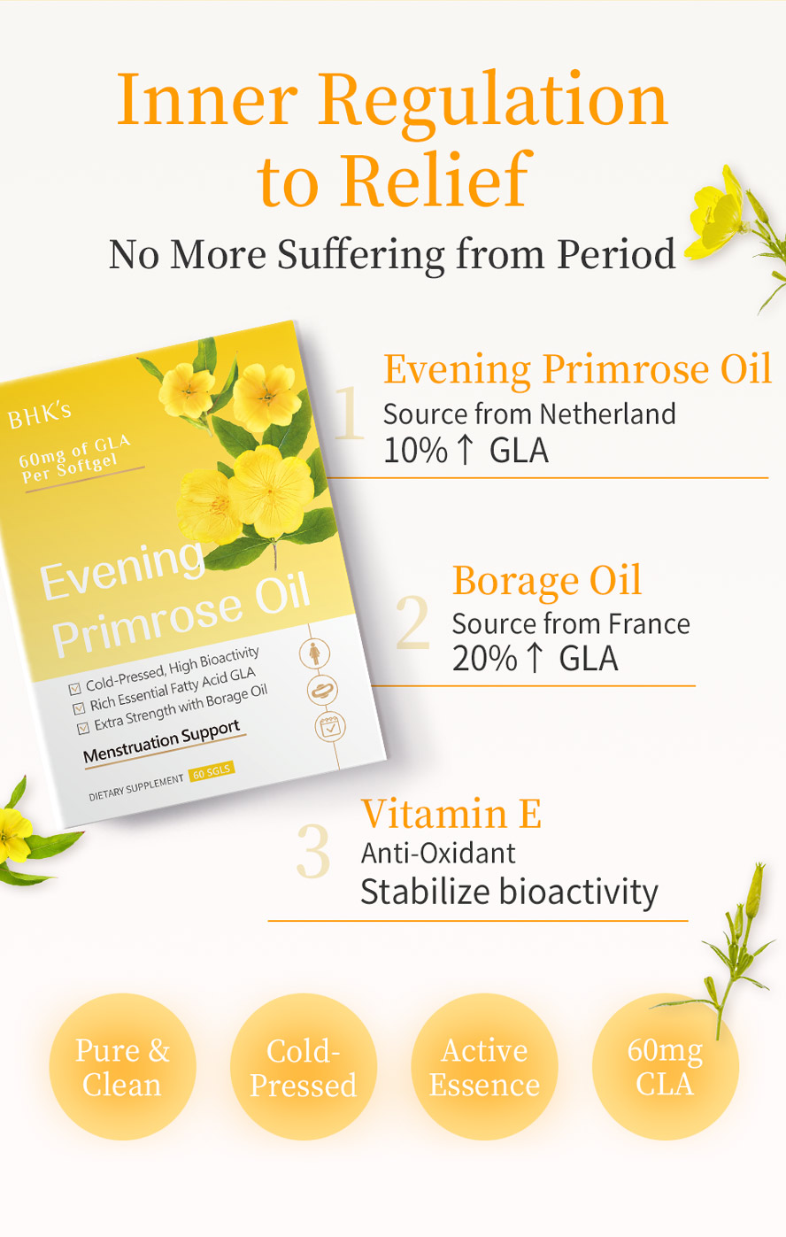 BHK's EveningPrimrose provide nutritients like Evening Primrose Oil, Borage Oil, and Vitamin E
