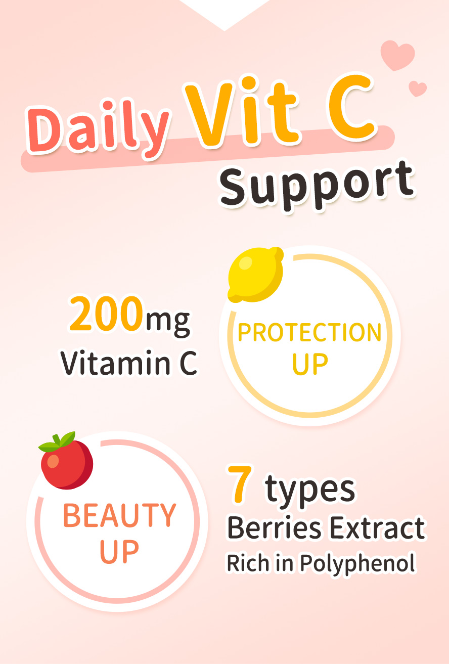 200mg Vitamin C with 7 berries extract with rich polyphenol for antioxidant purpose and strengthen health protection.