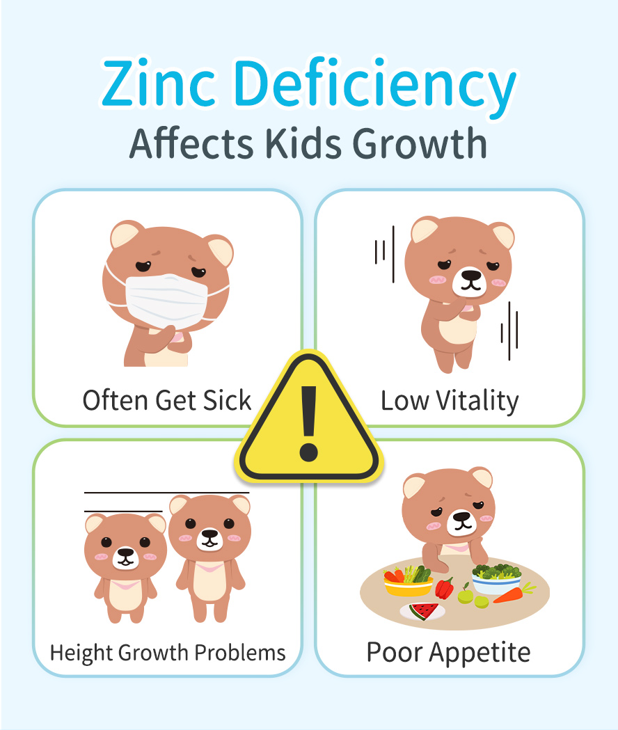 Zinc deficiency will cause poor immunity, low vitality, height growth problem, and poor appetite.