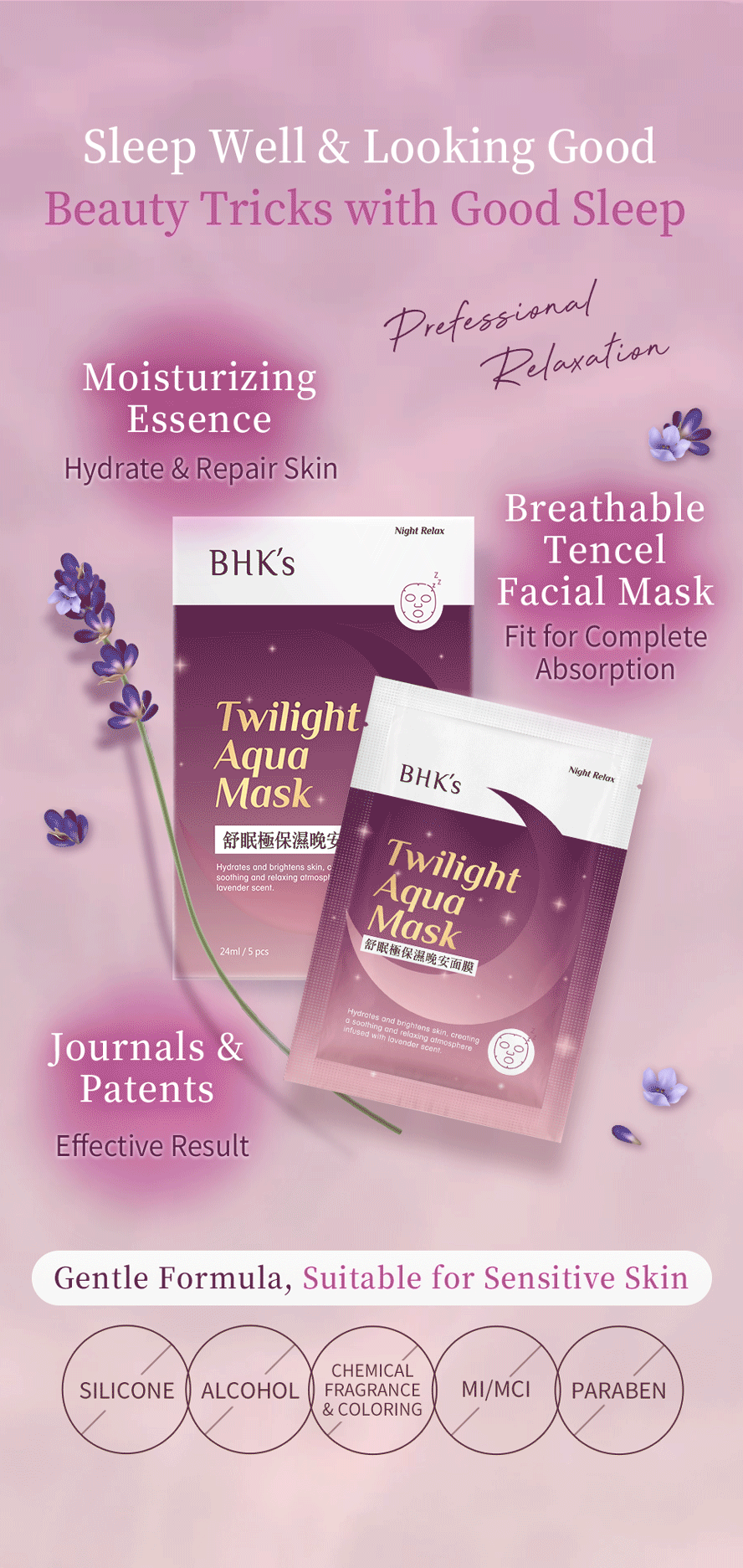 BHK's Twilight Aqua Mask has proven hydrates skin effectively and promote good sleep quality with gentle formula for sensitive skin people.