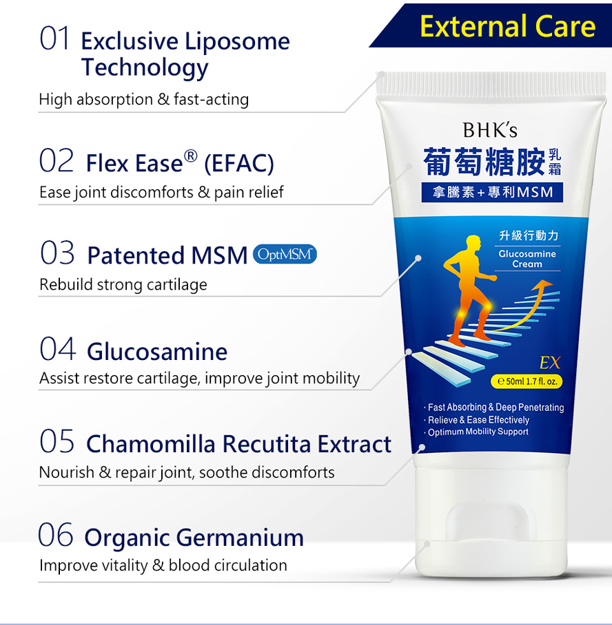 BHK's Patented Glucosamine MSM has OptiMSM that is improtant raw material to make chondroitin. BHK's Patented Glucosamine MSM cream is a fast-acting massage cream for joint discomfort relief and restore cartilage.