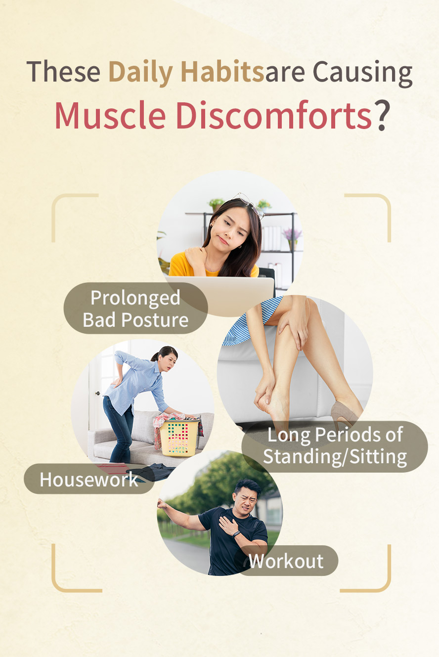 Long period of sitting, standing, bad posture and exercise can cause muscle discomfort