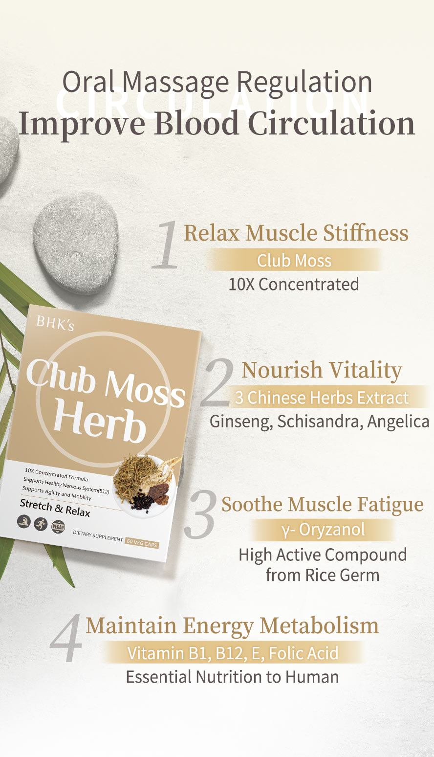 BHK's Club Moss Capsules can improve blood cicurlation to relax muscle stiffness and nourish vitality