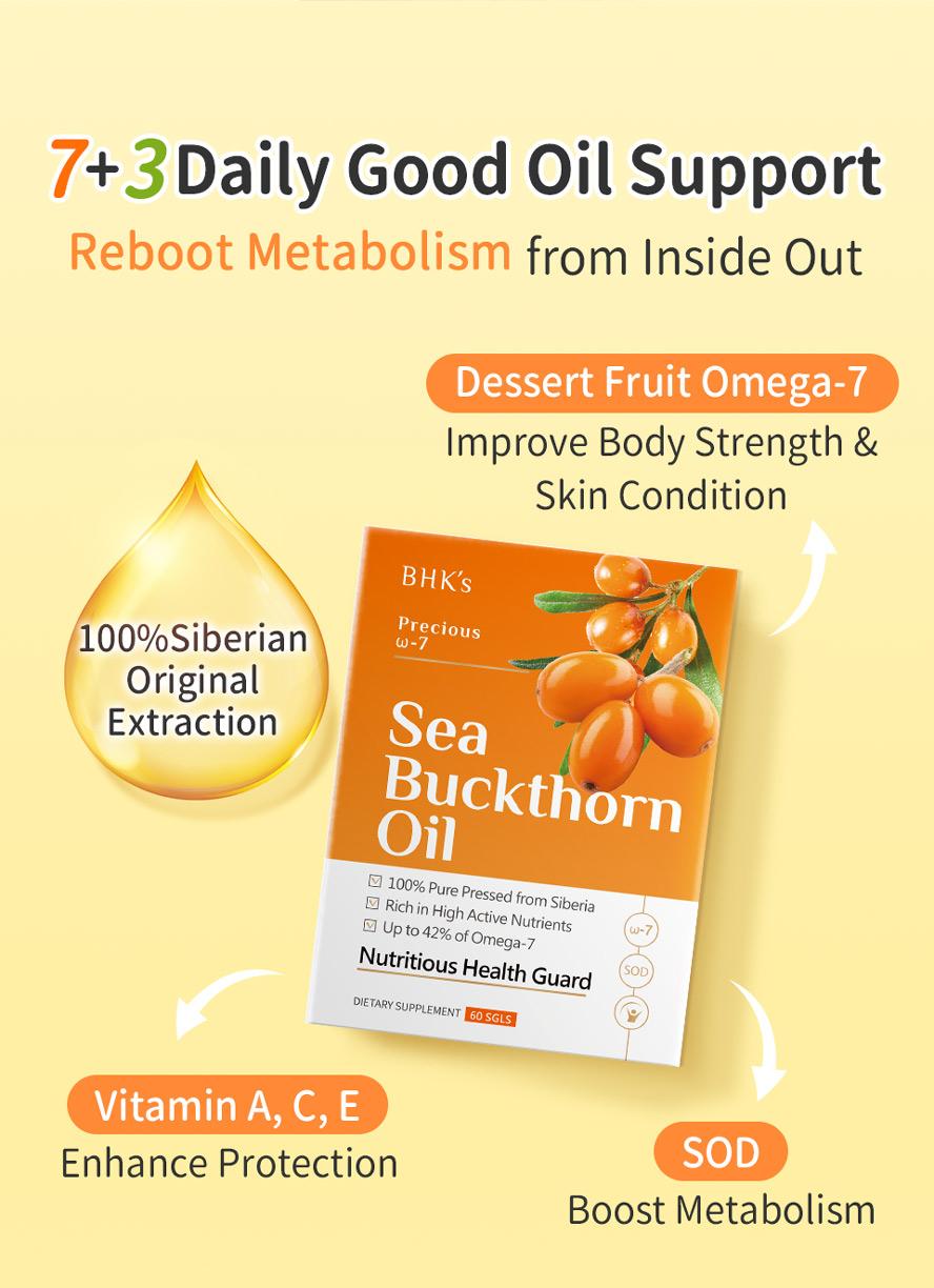 100% Pure pressed Siberian sea buckthorn oil with 42% of omega-7. vitamin A, C, E and SOD can metabolize and regulate for strong body protection and improve skin condition.