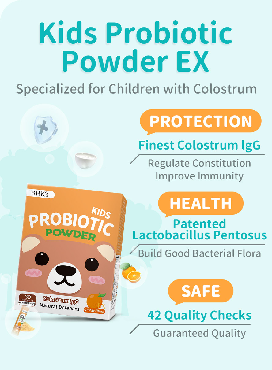 BHK's Kids Probiotics Powder with Colostrum uses IgG and probiotic to improve immunity and regulate allergies constitution.