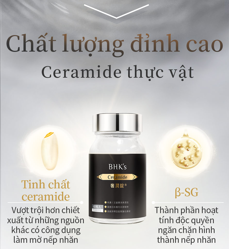 Viên nén cấp ẩm Ceramide BHK's chiết xuất từ ceramide Nhật Bản ,có công dụng làm đẹp da ,giảm vết nhăn ,duy trì độ đàn hồi cho da ,hoạt tính β-SG độc quyền ,ngăn chặn hình thành vết nhăn ,chống lão hóa hiệu quả