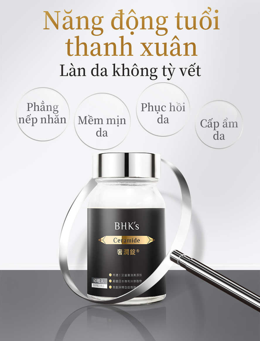 Viên nén cấp ẩm Ceramide BHKs có công dụng giữ ẩm tốt ,tăng độ ẩm cho da ,có công dụng giảm vết nhăn ,chống lão hóa ,đẹp da