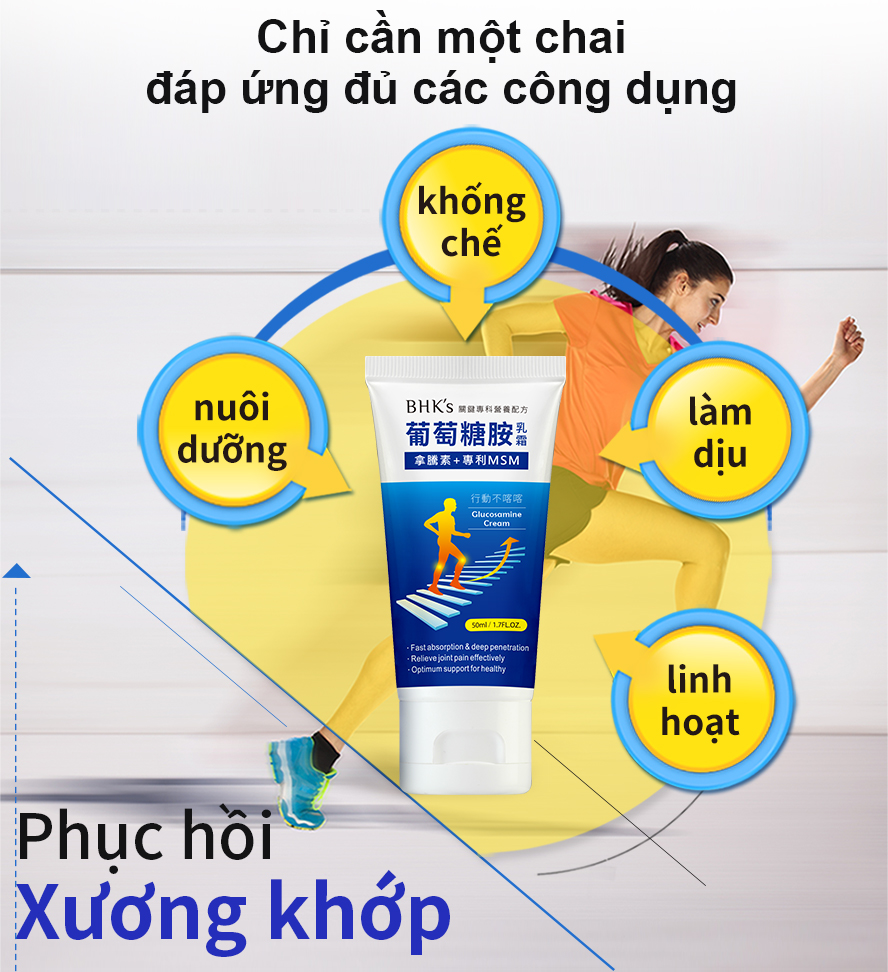 viêm khớp, cơ bắp đau nhức đều có thể dùng dầu bôi lạnh glucosamine BHK's phục hồi xương khớp hiệu quả, tăng tuần hoàn, làm dịu giảm đau