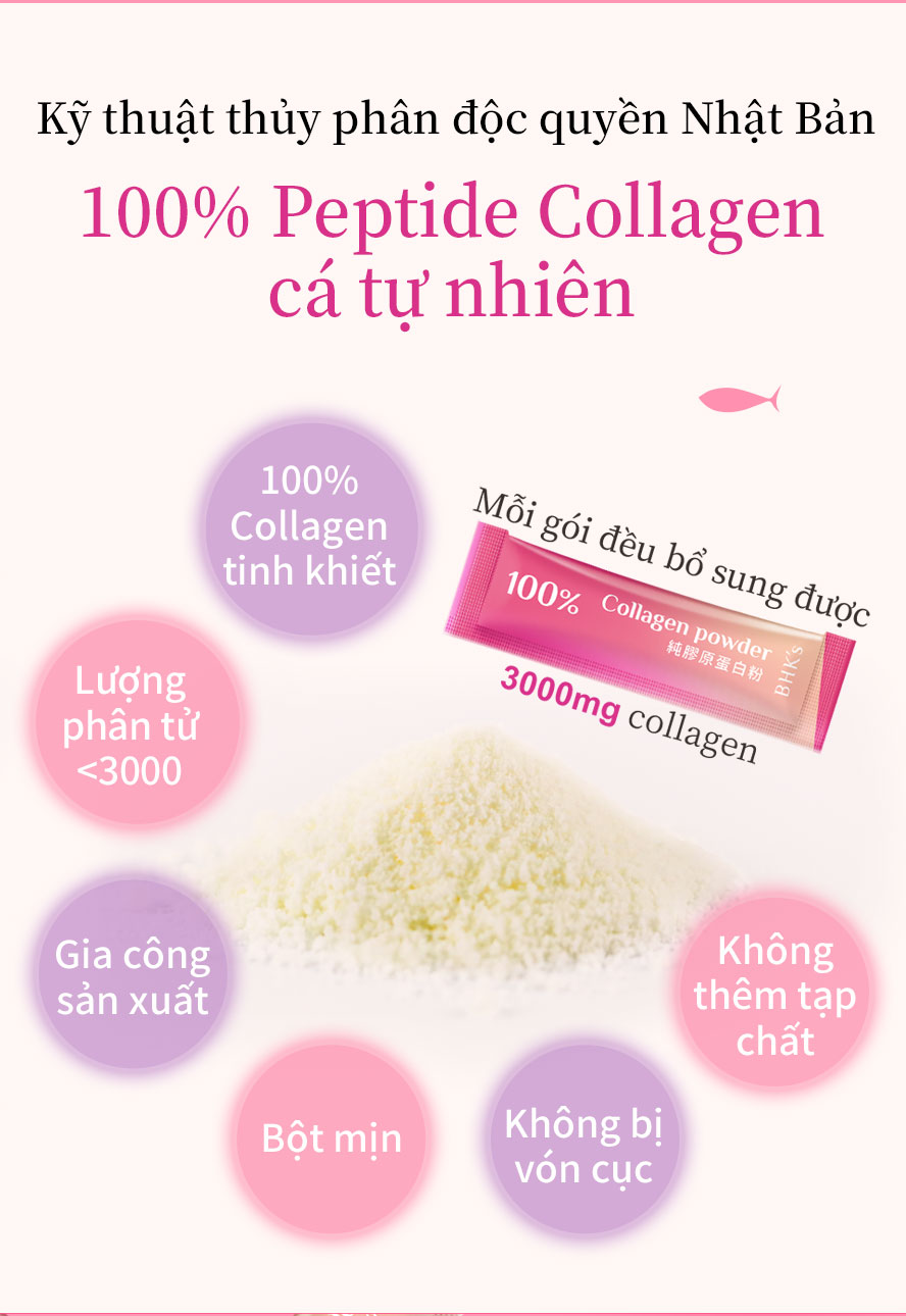 mỗi ngày bổ sung hàm lượng 3000mg bột Collagen, cho bạn một làn da căng bóng mịn màng