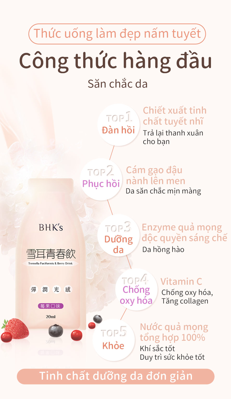 Tăng độ đàn hồi cho da, cám gạo lên men thúc đẩy quá trình hình thành collagen và HA, chiết xuất quả mọng ,giúp bạn lưu giữ thanh xuân