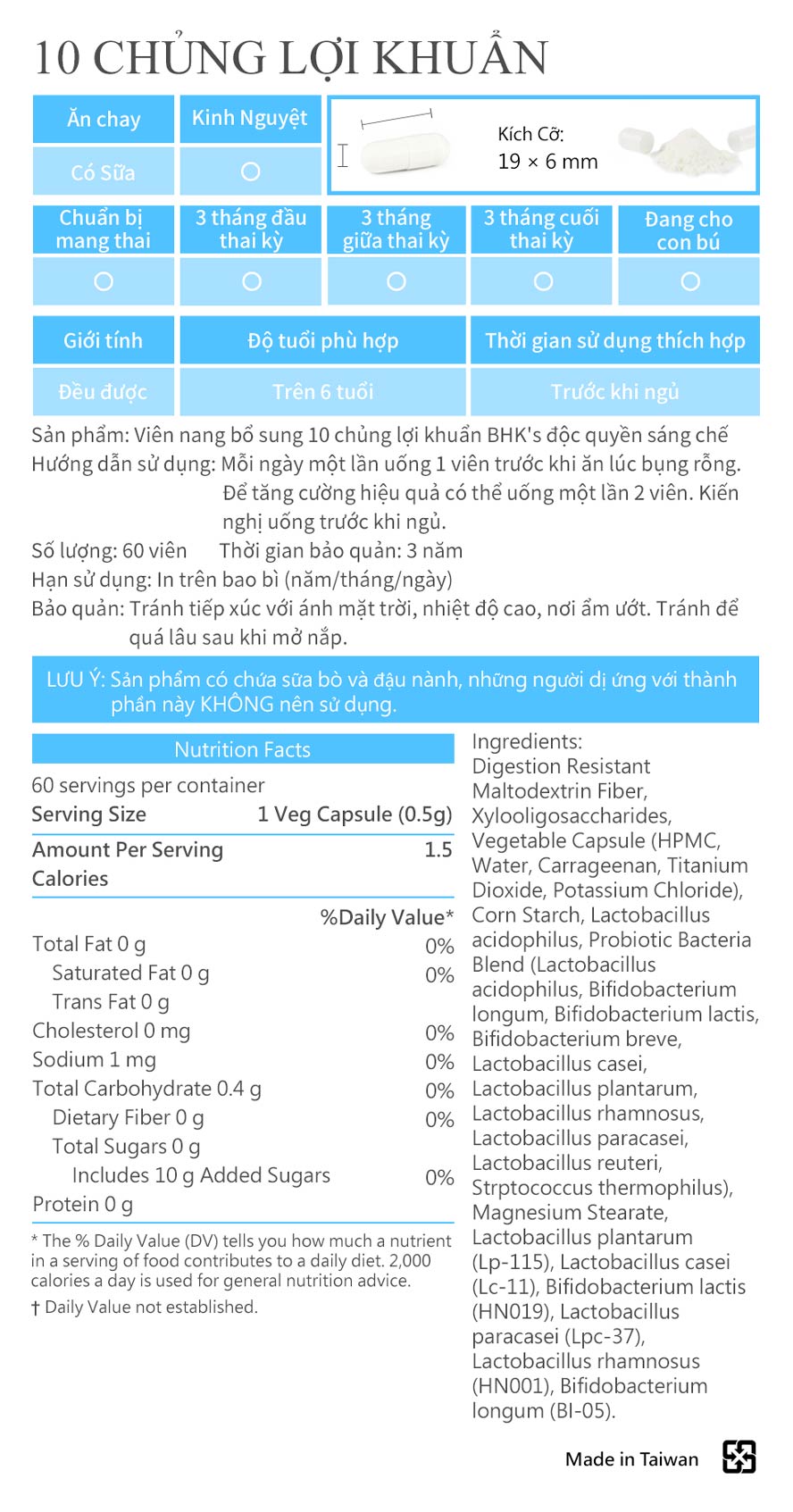 Viên nang bổ sung 10 chủng lợi khuẩn BHK's độc quyền sáng chế đã thông qua các kiểm định ,bảo đảm an toàn không tác dụng phụ