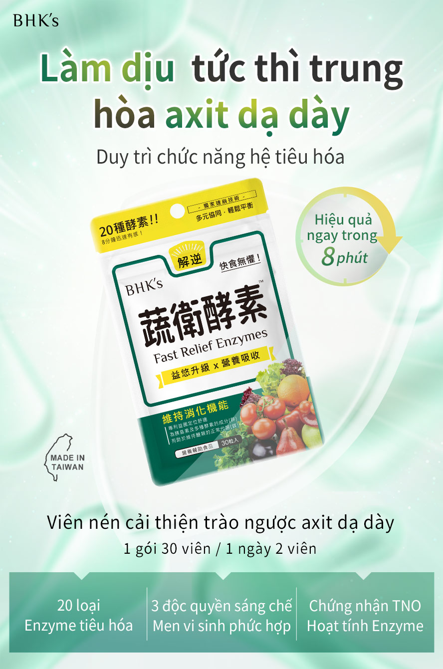 làm dịu những triệu chứng khó chịu của bao tử, viên nén giải phóng nhanh chóng trong 8 phút