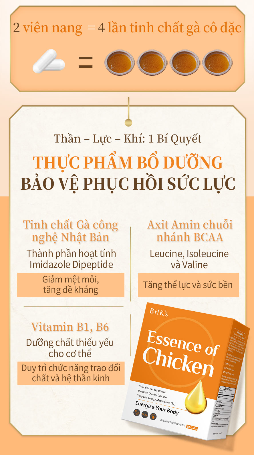 duy trì chuyển hóa năng lượng bình thường, hai viên nang tương đương với 4 gói nước cốt gà