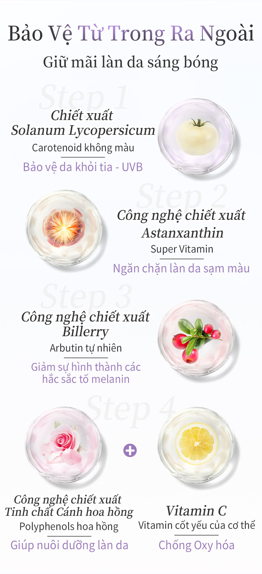 có 4 tinh chất làm trắng da độc quyền và vitamin C, chống oxi hóa hiệu quả, cho bạn làn da trắng sáng