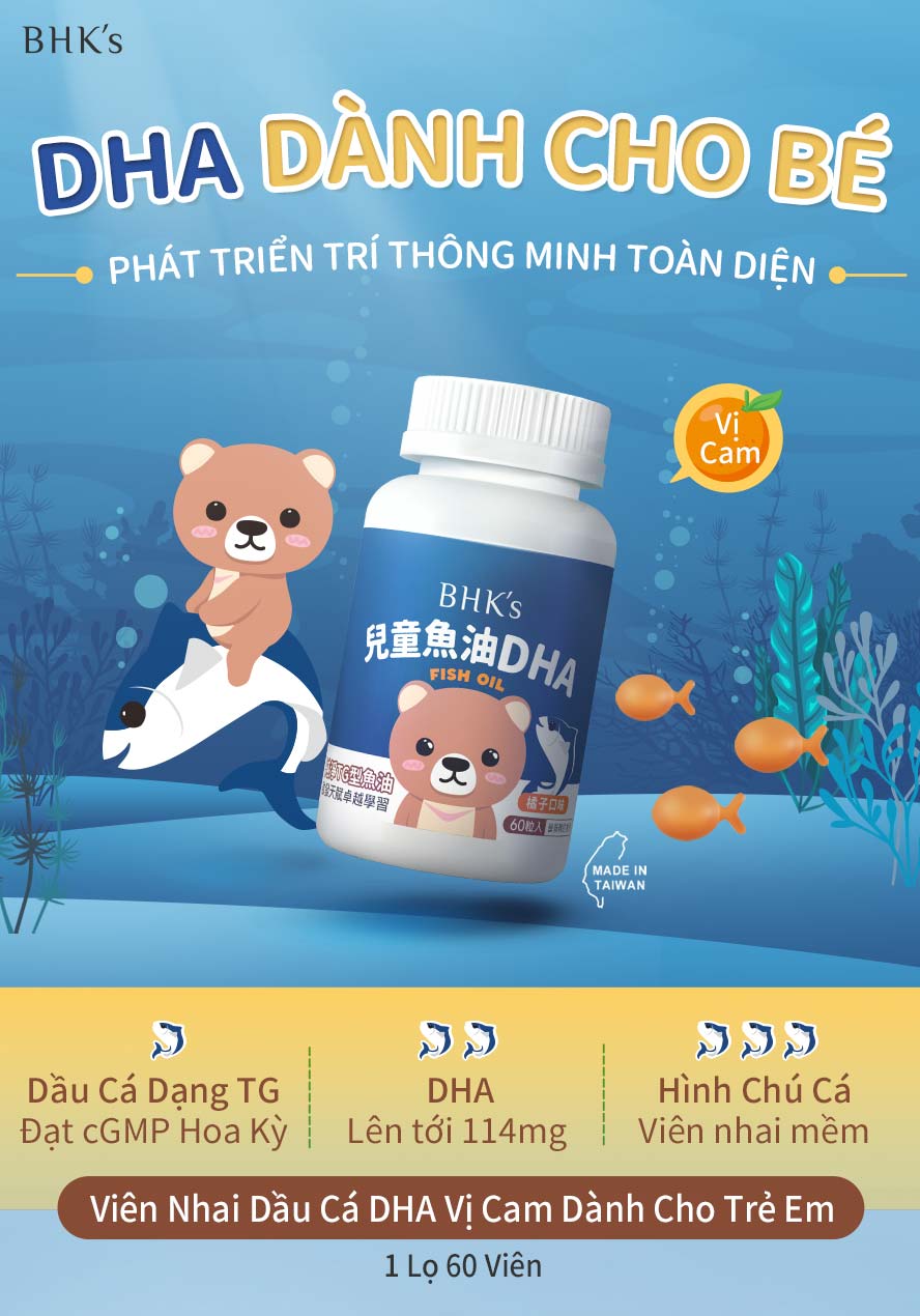 chứa hàm lượng Omega-3 phong phú và hàm lượng DHA trên 114mg, vượt trội, vị cam và hình dáng viên nhai hình con cá thích hợp cho các bé