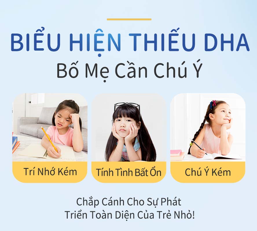 trẻ em thiếu DHA dễ mất tập trung, học tập yếu, trí nhớ kém, không theo kịp tiến độ, nếu đủ DHA sẽ tốt cho thị giác, khả năng nhận biết và trí nhớ