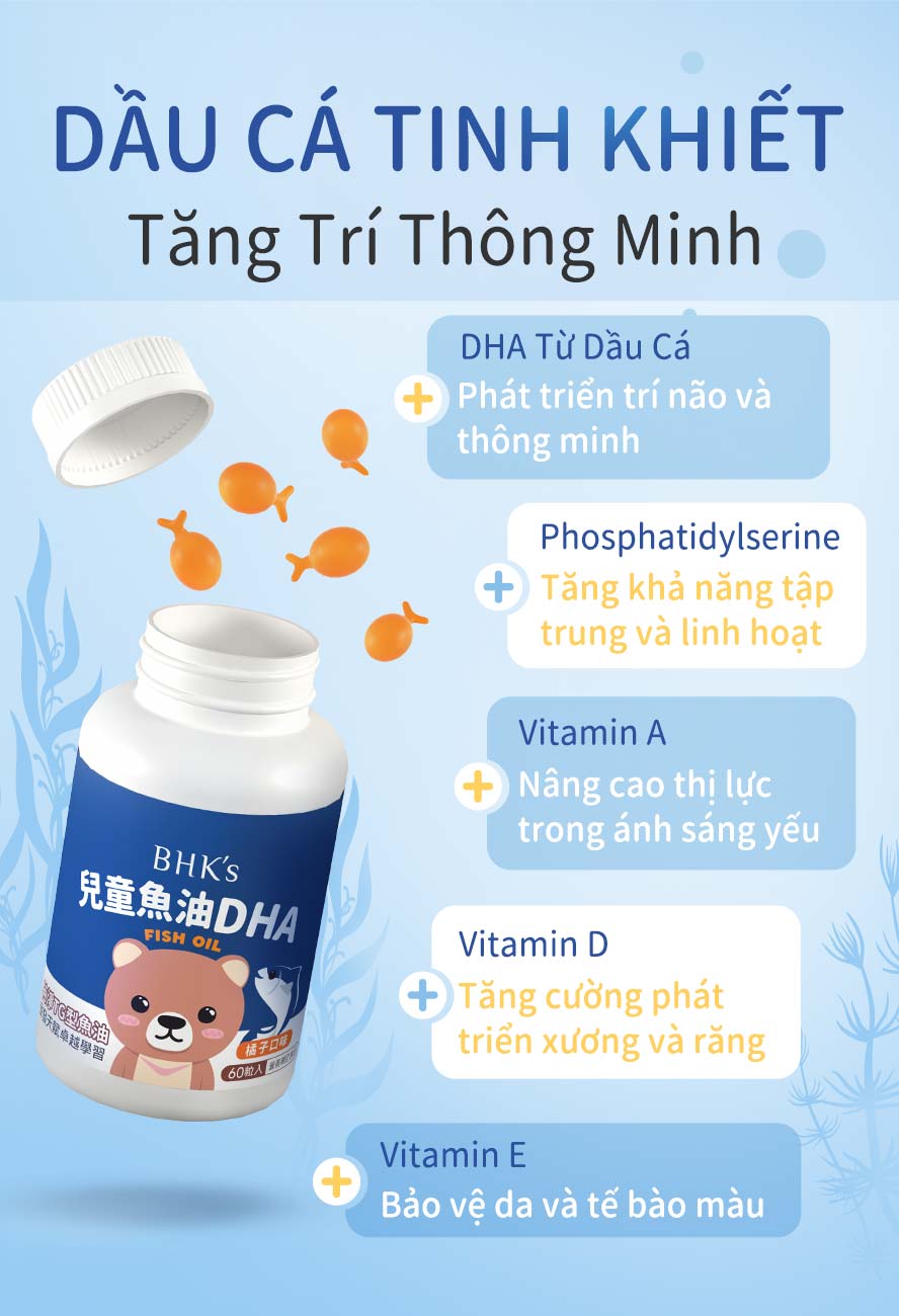 mỗi viên chứa 114mg DHA đồng thời có thêm Phosphatidylserine, vitamin A, vitamin D, vitamin E, hỗ trợ trẻ em phát triển, tốt cho mắt