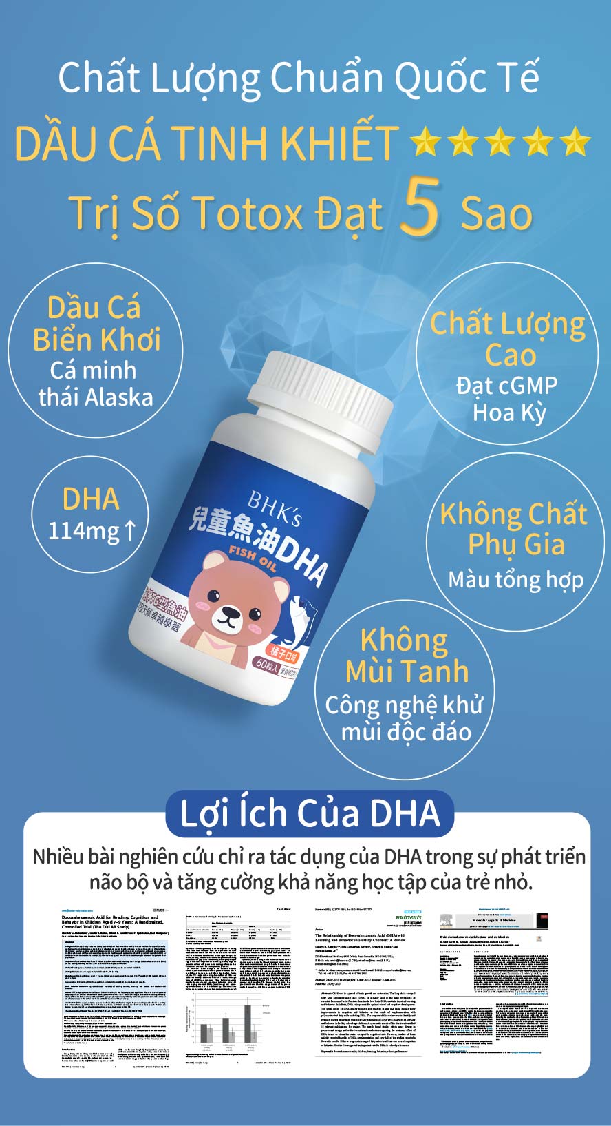 Chứa dầu cá cGMP, dạng TG, giúp hấp thụ tốt, đạt chuẩn quốc tế TOTOX. Hàm lượng DHA caom tăng cường khả năng học tập. Không mùi, không màu thực phẩm, viên nhai, khơi dậy tiềm năng của bé