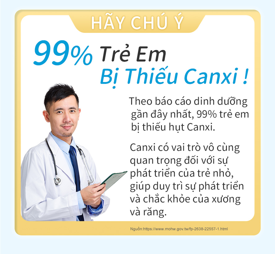 theo điều tra của bộ y tế, 99% trẻ em đều bị thiếu canxi, nếu thiếu canxi sẽ ảnh hưởng đến chiều cao và các vấn đề xương khớp của bé