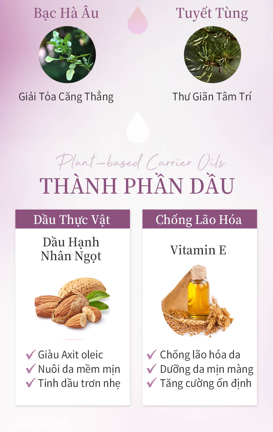 dễ thoa không bị dính, dầu hạnh nhân ngọt chiết xuất ép lạnh, lưu giữ thành phần hoạt tính, làm dịu da khô và mẫn cảm, vitamin E chống oxy hóa hiệu quả, làm giảm vết nhăn