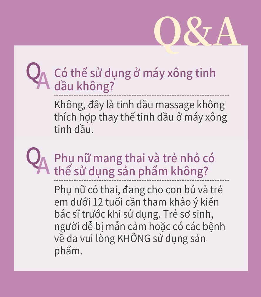 mát xa để dưỡng da và thư giãn, cải thiện mất ngủ, nâng cao chất lượng giấc ngủ, hiệu quả tốt hơn dạng phun sương, người mới mang thai hoặc dị ứng tinh dầu không nên sử dụng